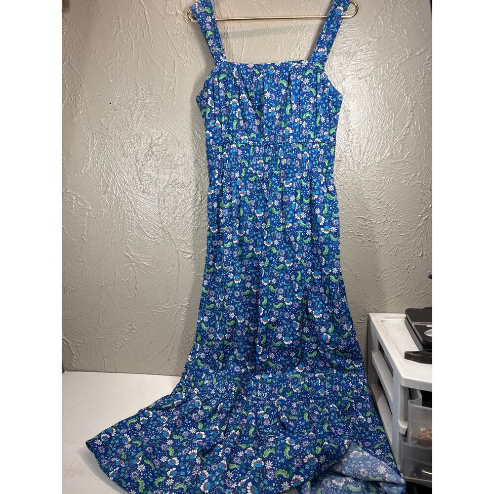 LOFT Shirred Flounce Maxi Dress‎ Blue Pleated Floral Cottagecore Size Small NWT